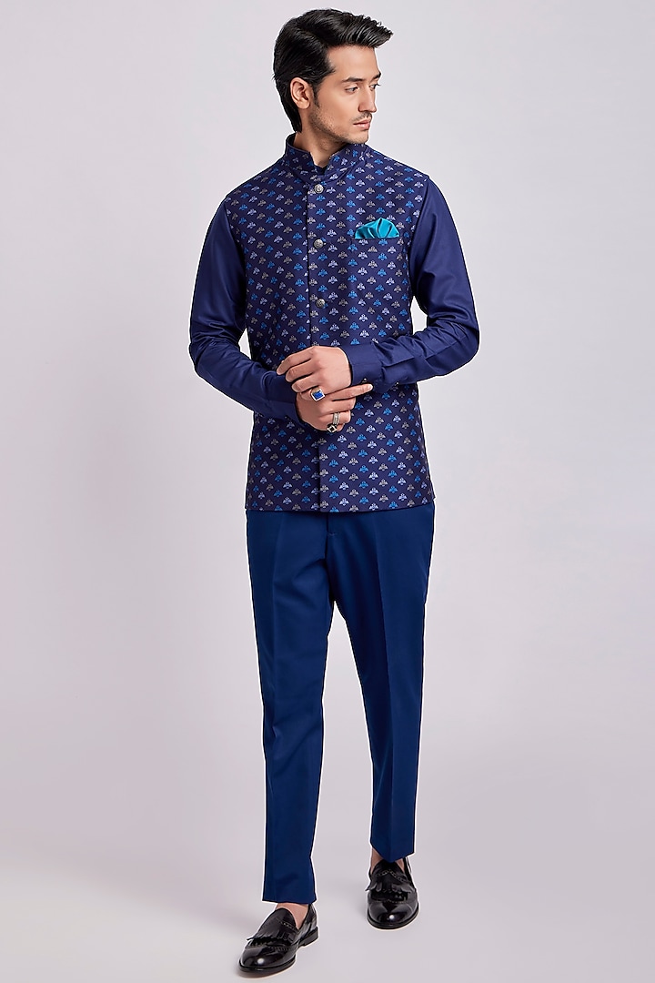 Prussian Blue Digital Printed Bundi Jacket by Bubber Couture