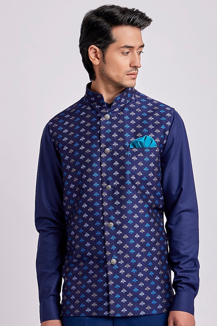 Prussian Flat Raw Silk Digital Printed Bundi Jacket by Bubber Couture at Pernia's Pop Up Shop