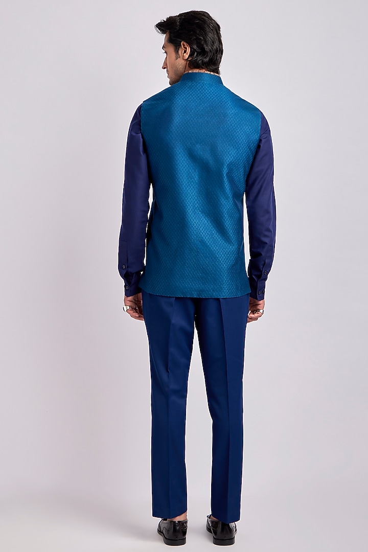 Teal Jacquard Silk Geometric Printed Bundi Jacket by Bubber Couture at Pernia's Pop Up Shop