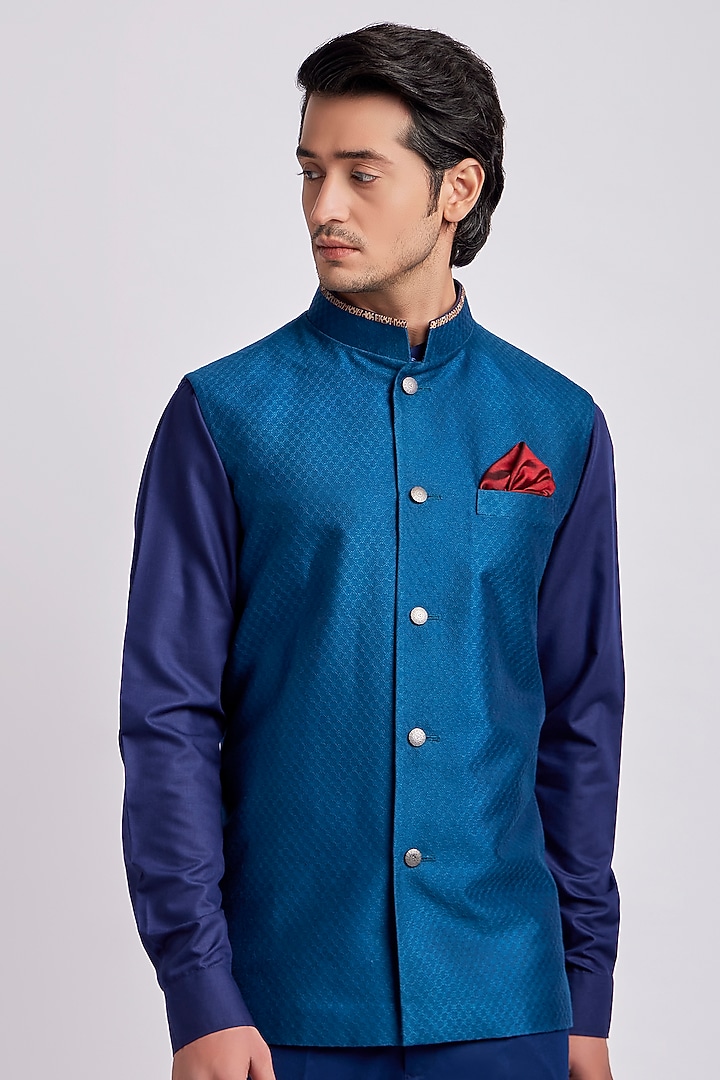Teal Jacquard Silk Geometric Printed Bundi Jacket by Bubber Couture at Pernia's Pop Up Shop