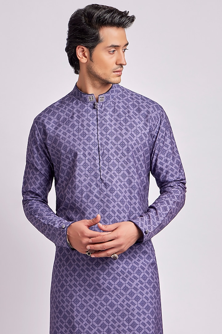 Blue Silk Digital Printed Kurta Set by Bubber Couture at Pernia's Pop Up Shop