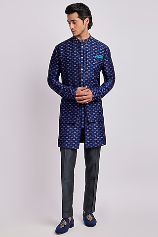 Prussian Blue Digital Printed Indowestern Set by Bubber Couture
