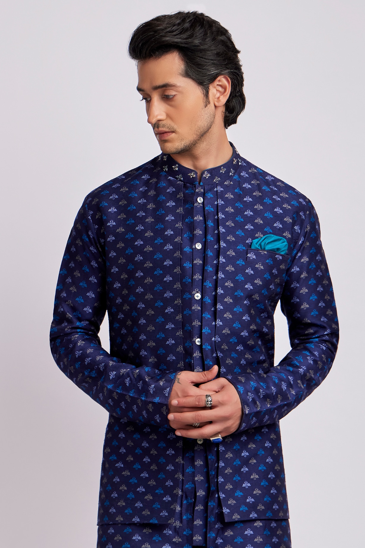Prussian Blue Digital Printed Indowestern Set by Bubber Couture
