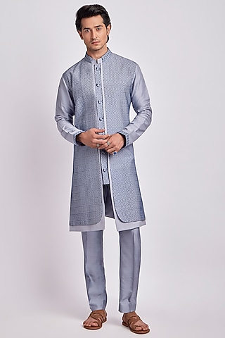 Fossil Grey Geometric Printed Indowestern Set by Bubber Couture