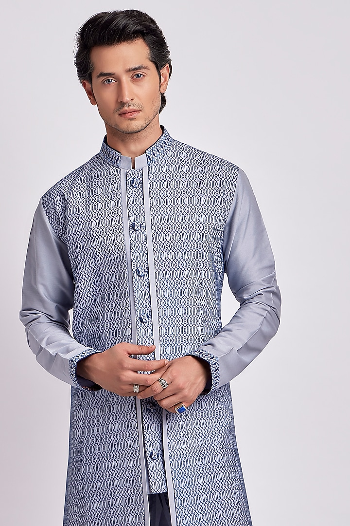 Fossil Grey Geometric Printed Wedding Indowestern Set by Bubber Couture at Pernia's Pop Up Shop