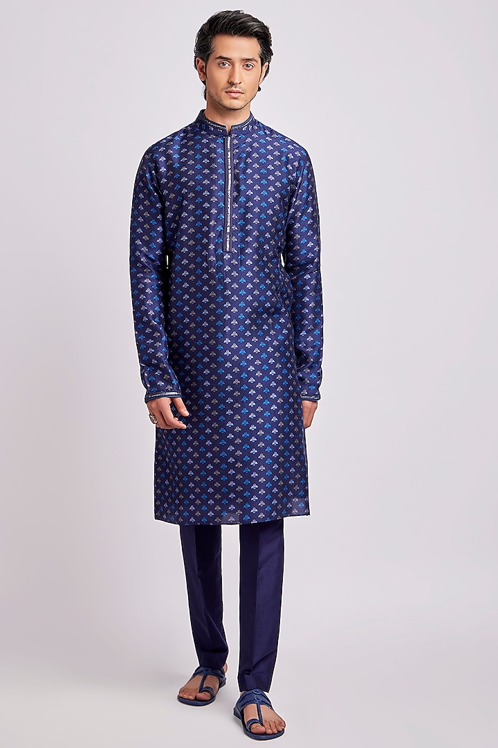 Prussian Blue Kurta Set With Digital Print by Bubber Couture