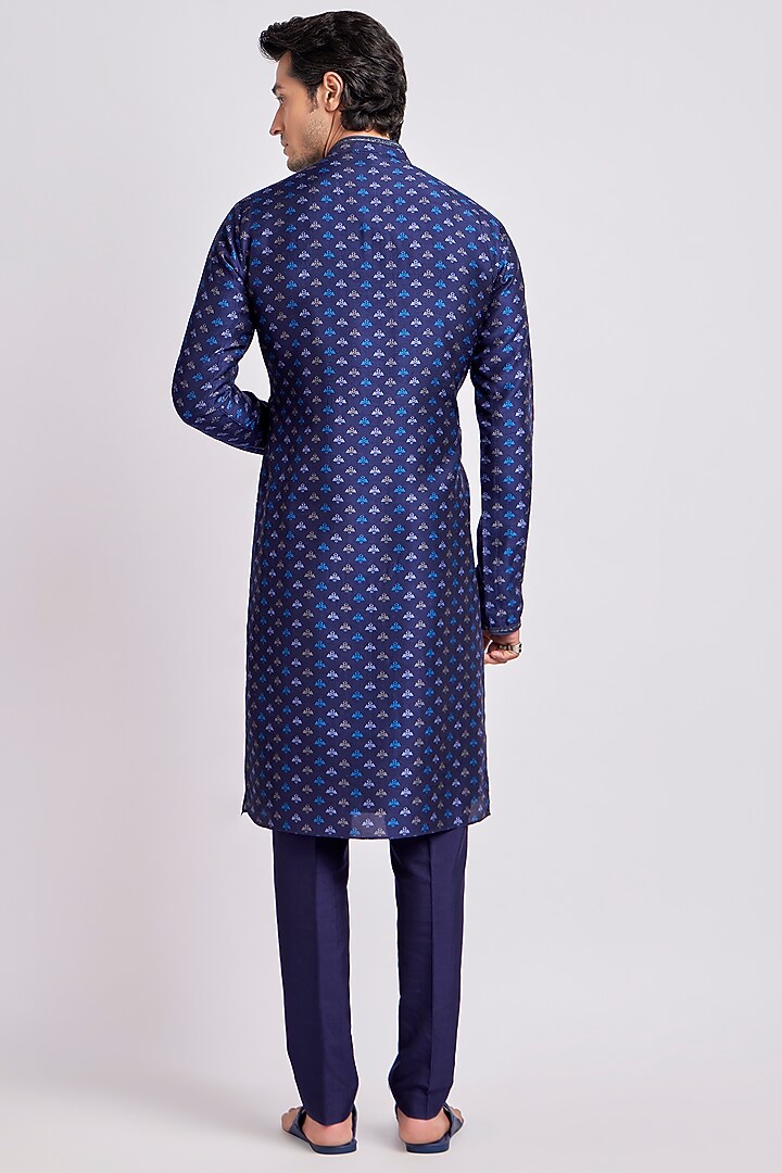 Prussian Blue Flat Raw Silk Digital Printed Kurta Set by Bubber Couture at Pernia's Pop Up Shop
