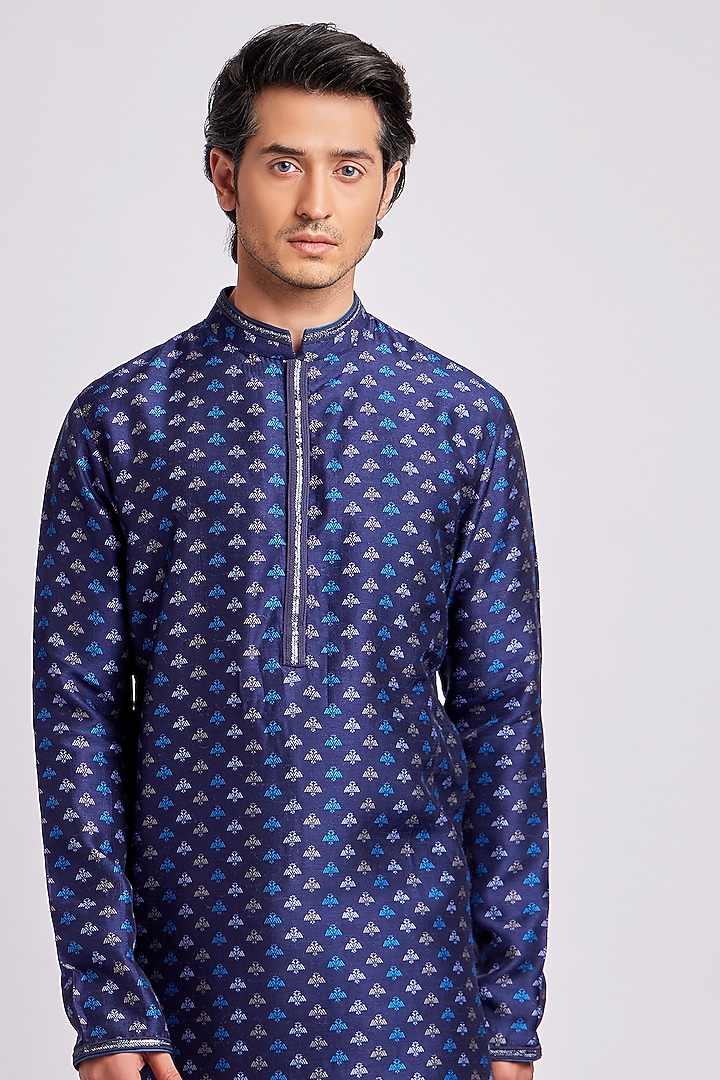 Prussian Blue Flat Raw Silk Digital Printed Kurta Set by Bubber Couture at Pernia's Pop Up Shop