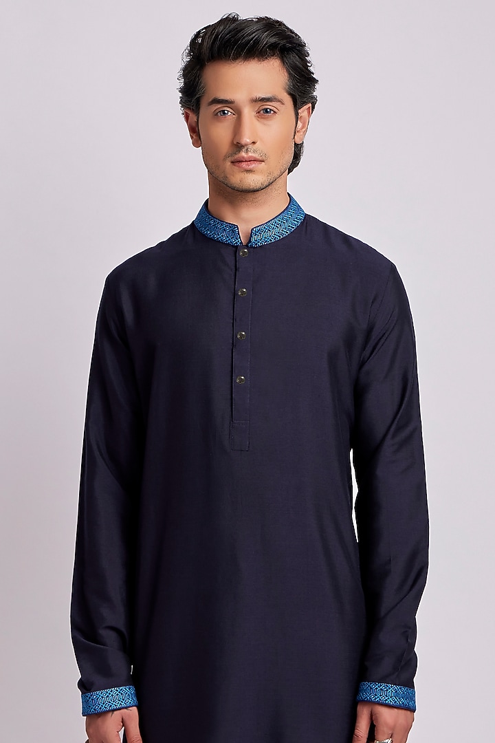 Sapphire Cotton Silk Embroidered & Printed Kurta Set by Bubber Couture at Pernia's Pop Up Shop