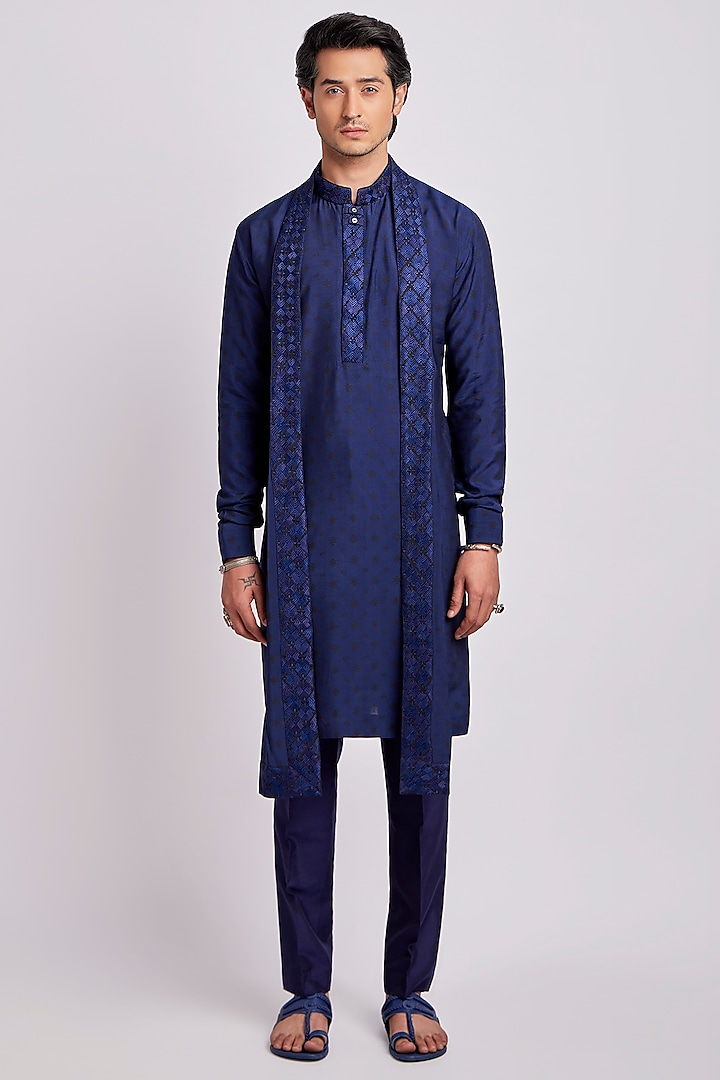 Prussian Blue Geometric Printed Kurta Set by Bubber Couture