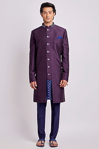 Wine Raw Silk Geometric Printed & Embroidered Indowestern Jacket  by Bubber Couture