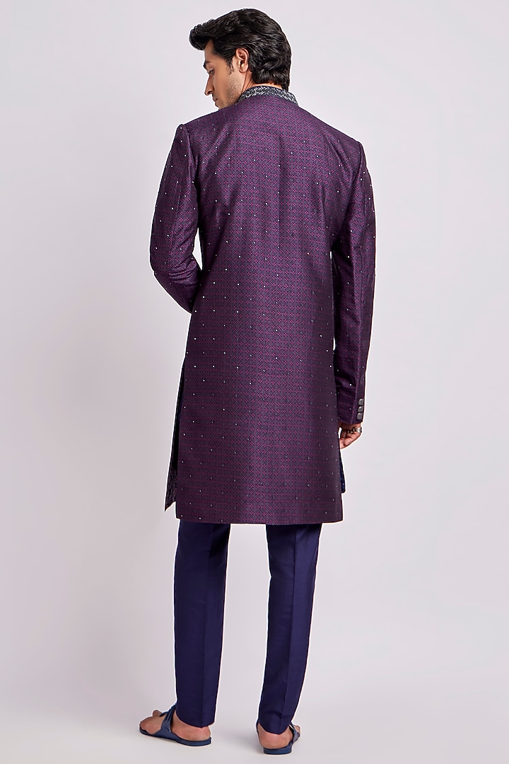 Wine Raw Silk Geometric Printed & Embroidered Groom Indowestern Jacket by Bubber Couture at Pernia's Pop Up Shop