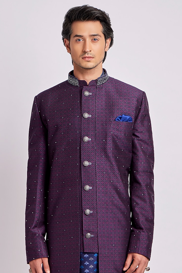 Wine Raw Silk Geometric Printed & Embroidered Groom Indowestern Jacket by Bubber Couture at Pernia's Pop Up Shop