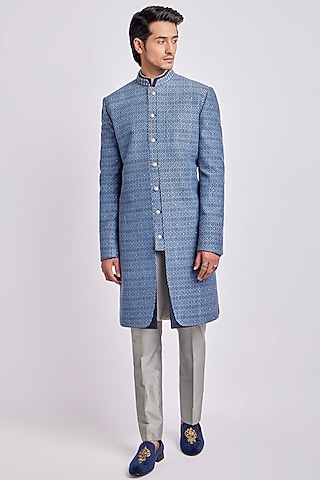Sapphire Cotton Silk Digital Printed & Embroidered Indowestern Jacket by Bubber Couture