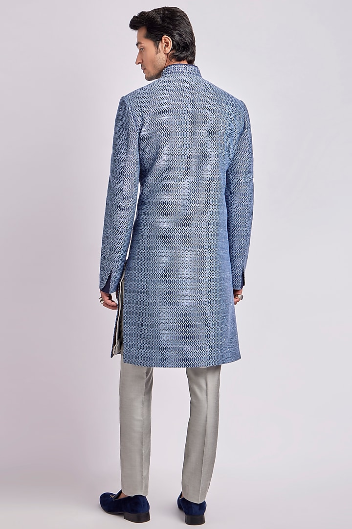 Sapphire Cotton Silk Digital Printed & Embroidered Groom Indowestern Jacket by Bubber Couture at Pernia's Pop Up Shop