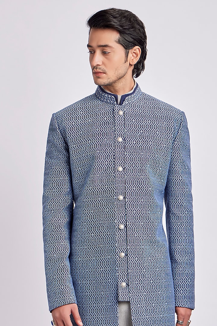Sapphire Cotton Silk Digital Printed & Embroidered Groom Indowestern Jacket by Bubber Couture at Pernia's Pop Up Shop