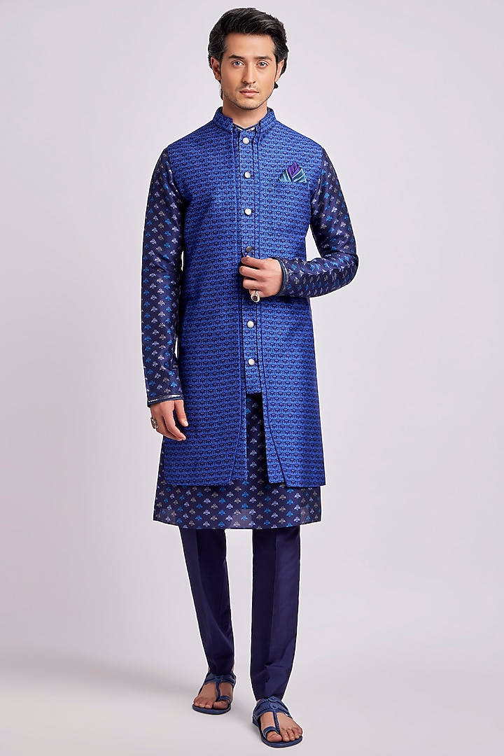 Sapphire & Cobalt Sherwani Jacket With Digital Print by Bubber Couture