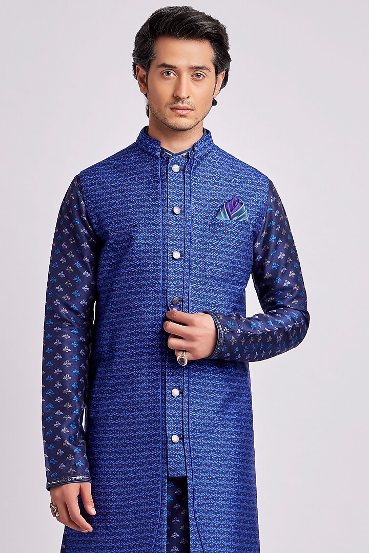 Sapphire & Cobalt Wedding Sherwani Jacket With Digital Print by Bubber Couture at Pernia's Pop Up Shop