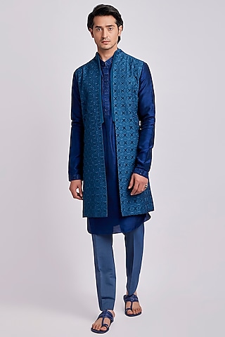Teal Raw Silk Embroidered & Geometric Printed Indowestern Jacket Set by Bubber Couture