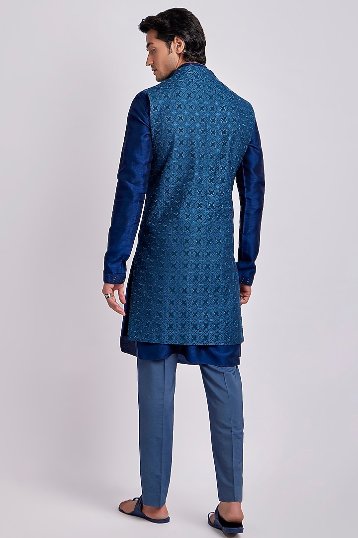 Teal Raw Silk Embroidered & Geometric Printed Groom Indowestern Jacket Set by Bubber Couture at Pernia's Pop Up Shop