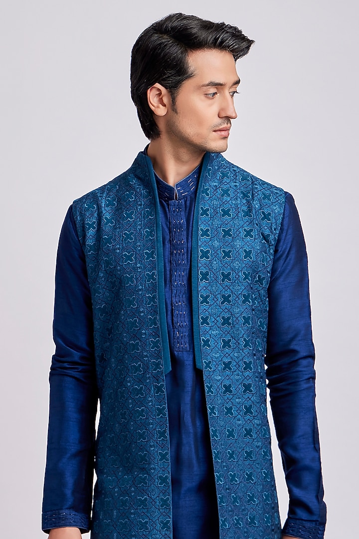 Teal Raw Silk Embroidered & Geometric Printed Groom Indowestern Jacket Set by Bubber Couture at Pernia's Pop Up Shop