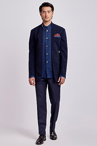 Sapphire & Cobalt Crepe Wool Bandhgala Jacket by Bubber Couture
