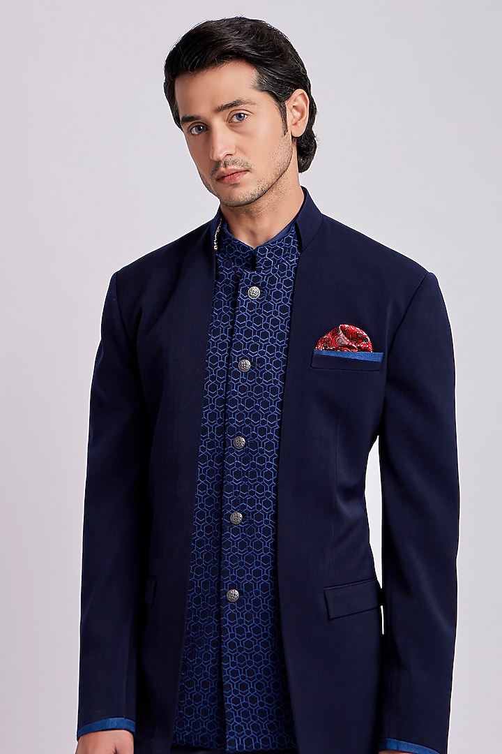 Sapphire & Cobalt Crepe Wool Bandhgala Jacket by Bubber Couture at Pernia's Pop Up Shop