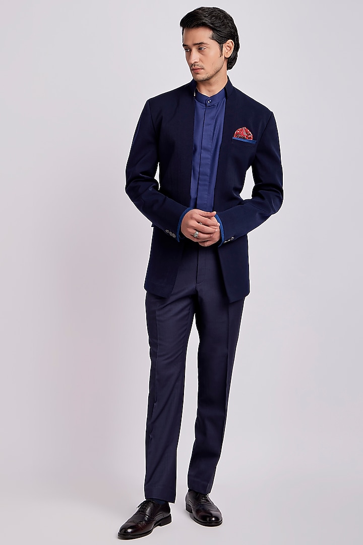Sapphire & Cobalt Wool Indo Western Jacket by Bubber Couture