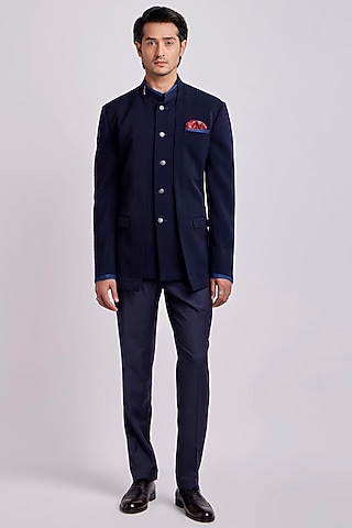 Sapphire & Cobalt Bandhgala Jacket In Crepe Wool by Bubber Couture