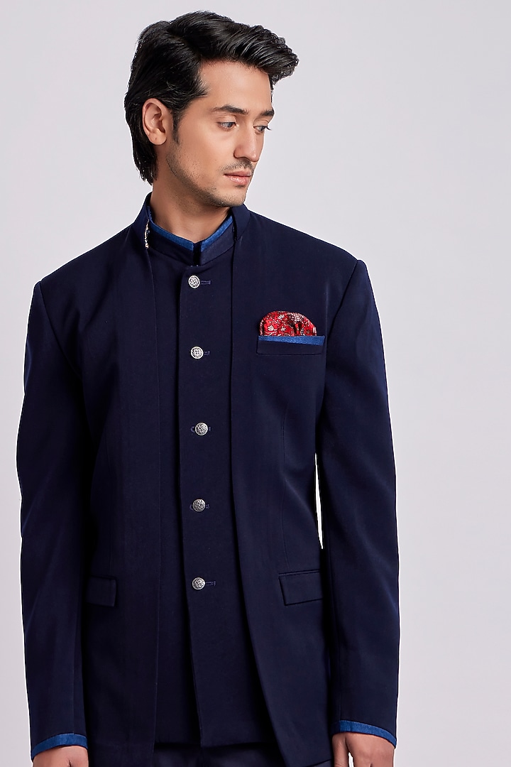 Sapphire & Cobalt Groom Bandhgala Jacket In Crepe Wool by Bubber Couture at Pernia's Pop Up Shop