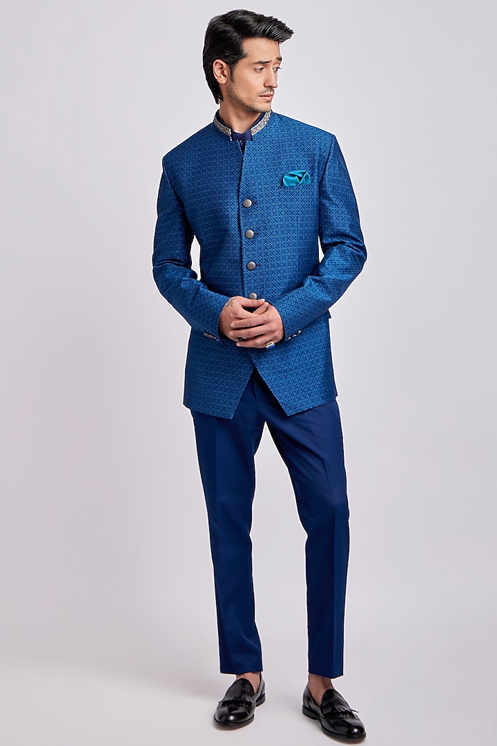 Teal Digital Printed Bandhgala Jacket by Bubber Couture