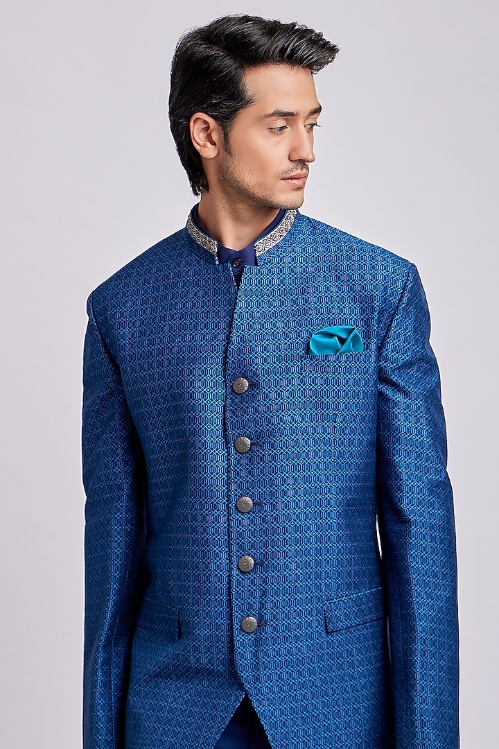 Teal Digital Printed Wedding Bandhgala Jacket by Bubber Couture at Pernia's Pop Up Shop