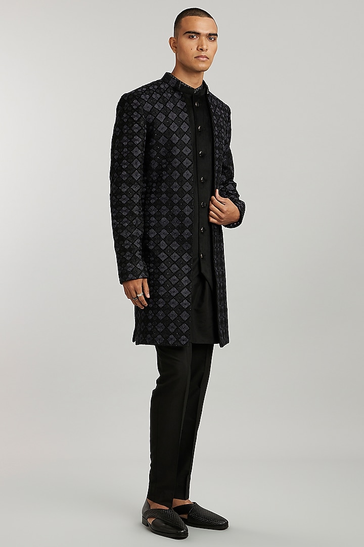 Ebony & Grey Silk Phulkari Embroidered Groom Sherwani by Bubber Couture at Pernia's Pop Up Shop