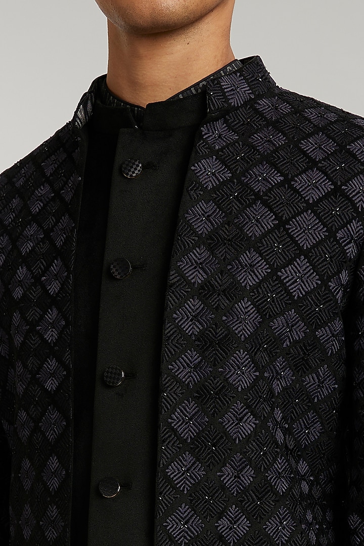 Ebony & Grey Silk Phulkari Embroidered Groom Sherwani by Bubber Couture at Pernia's Pop Up Shop