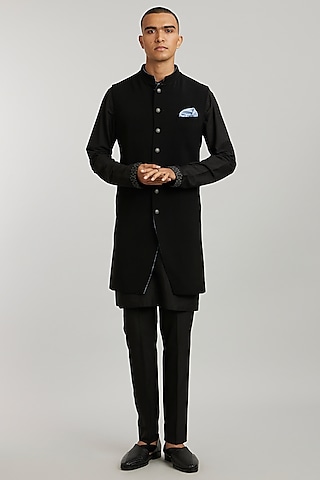 Ebony Crepe Wool Sherwani by Bubber Couture
