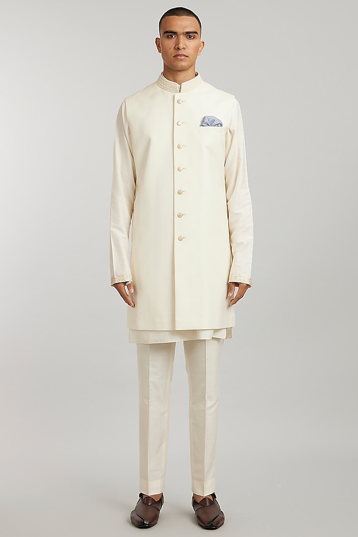 Ivory Wool Embroidered Sherwani by Bubber Couture