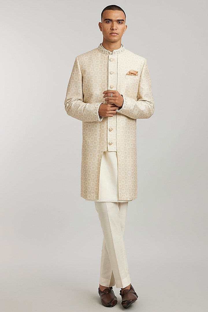 Ivory Flat Raw Silk Printed Groom Sherwani by Bubber Couture at Pernia's Pop Up Shop
