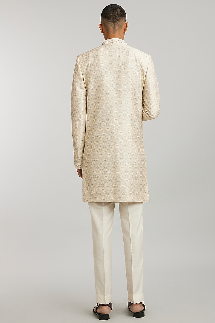 Ivory Flat Raw Silk Printed Groom Sherwani by Bubber Couture at Pernia's Pop Up Shop