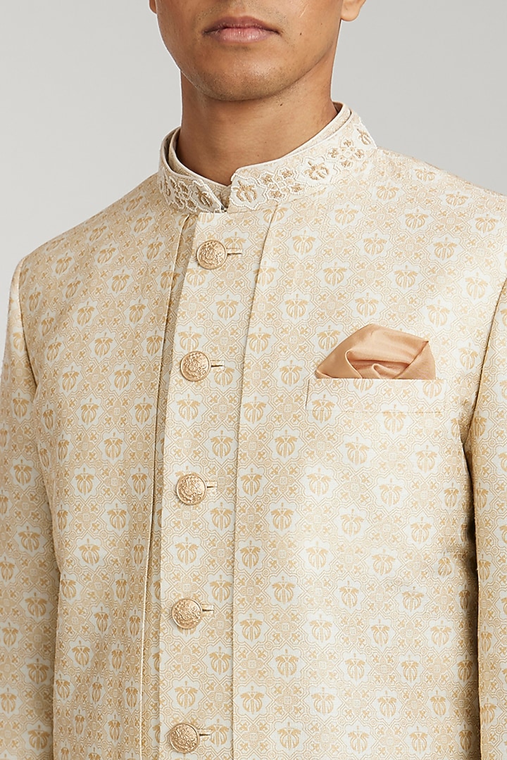 Ivory Flat Raw Silk Printed Groom Sherwani by Bubber Couture at Pernia's Pop Up Shop