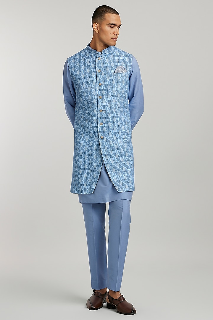 Teal Textured Cotton Printed Sleeveless Sherwani by Bubber Couture