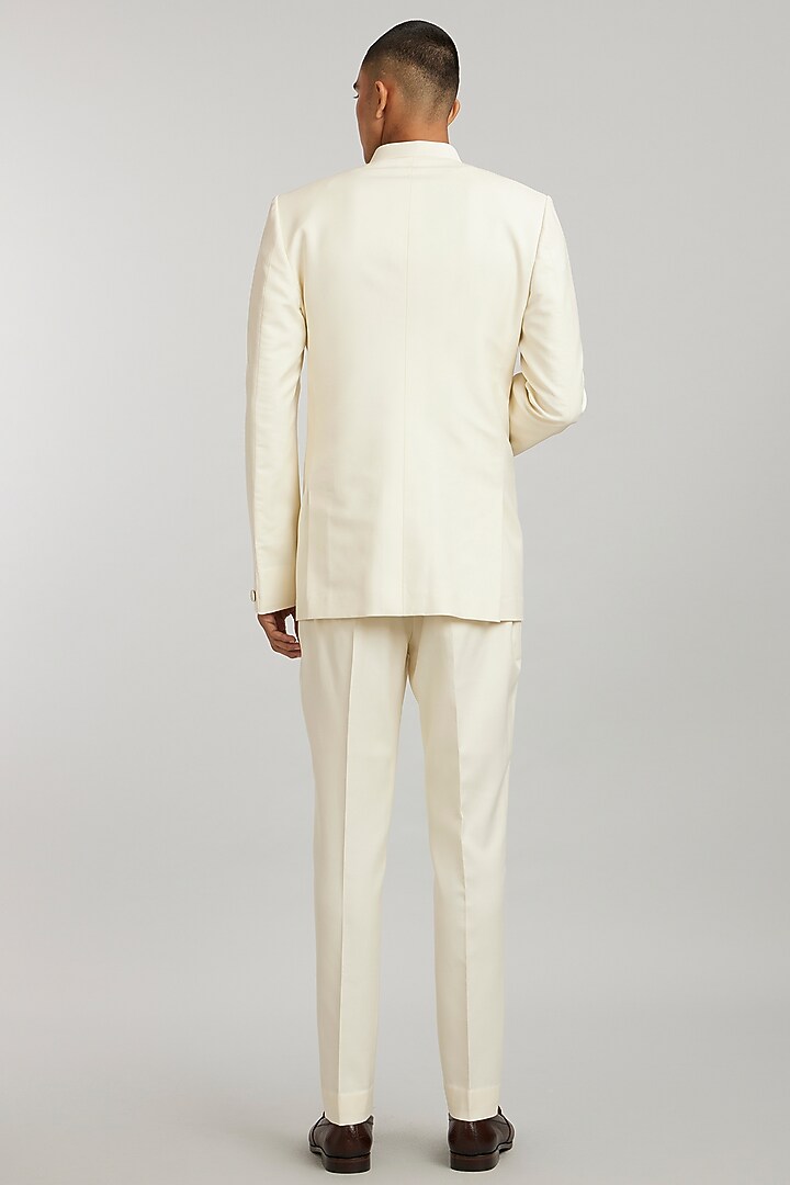 Ivory Wool Embroidered Groom Bandhgala Set by Bubber Couture at Pernia's Pop Up Shop