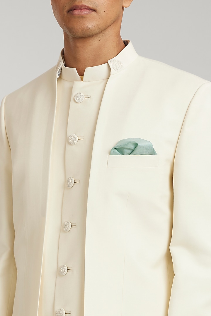 Ivory Wool Embroidered Groom Bandhgala Set by Bubber Couture at Pernia's Pop Up Shop