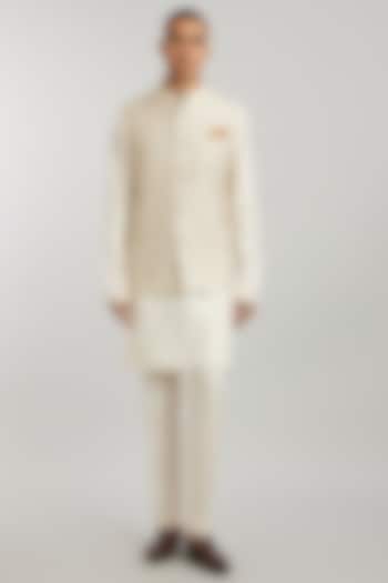 Ivory Flat Raw Silk Printed Bundi Jacket by Bubber Couture