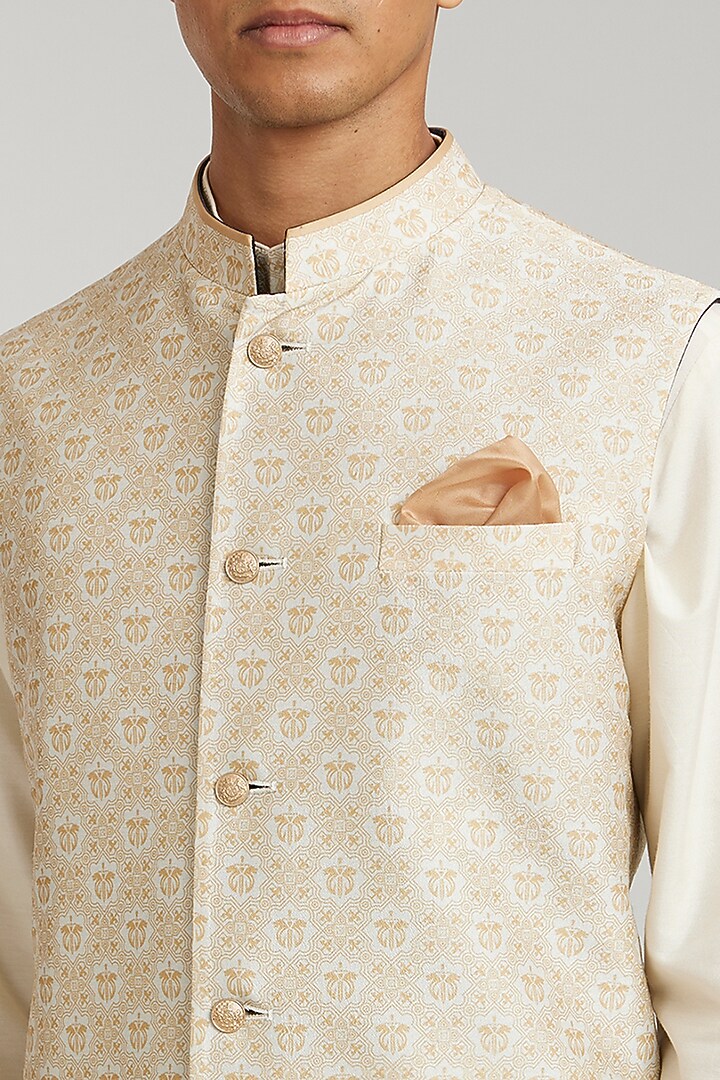 Ivory Flat Raw Silk Printed Bundi Jacket by Bubber Couture at Pernia's Pop Up Shop