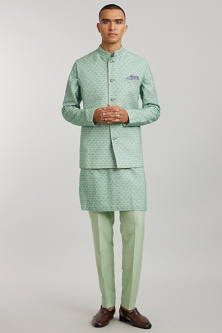 Sage Green Textured Cotton Printed Bundi Jacket by Bubber Couture