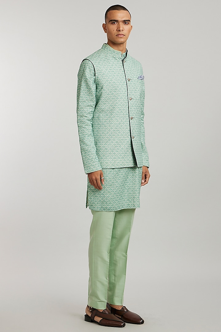 Sage Green Textured Cotton Printed Bundi Jacket by Bubber Couture at Pernia's Pop Up Shop