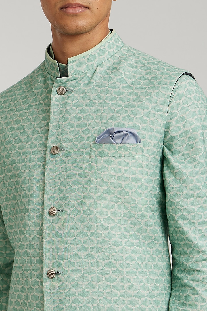 Sage Green Textured Cotton Printed Bundi Jacket by Bubber Couture at Pernia's Pop Up Shop