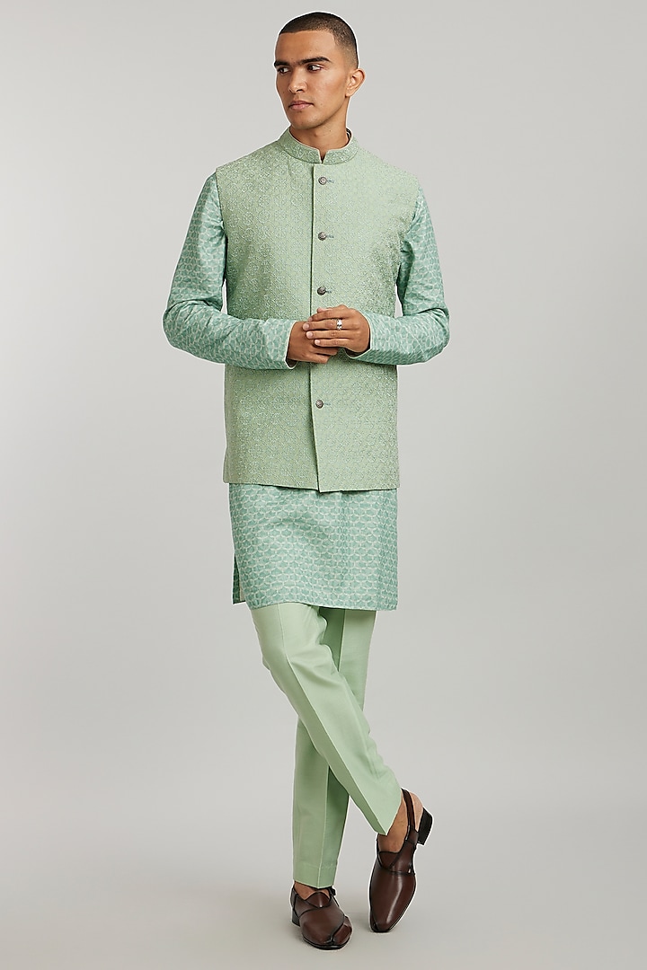 Sage Green Cotton Silk Embroidered Bundi Jacket by Bubber Couture