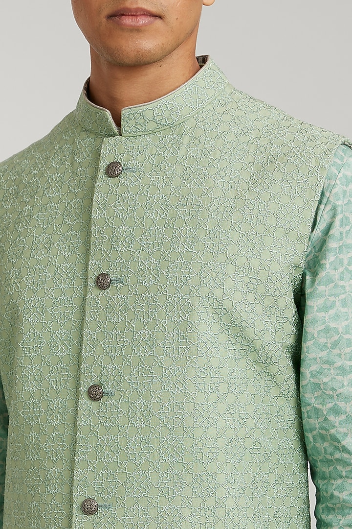 Sage Green Cotton Silk Embroidered Bundi Jacket by Bubber Couture at Pernia's Pop Up Shop