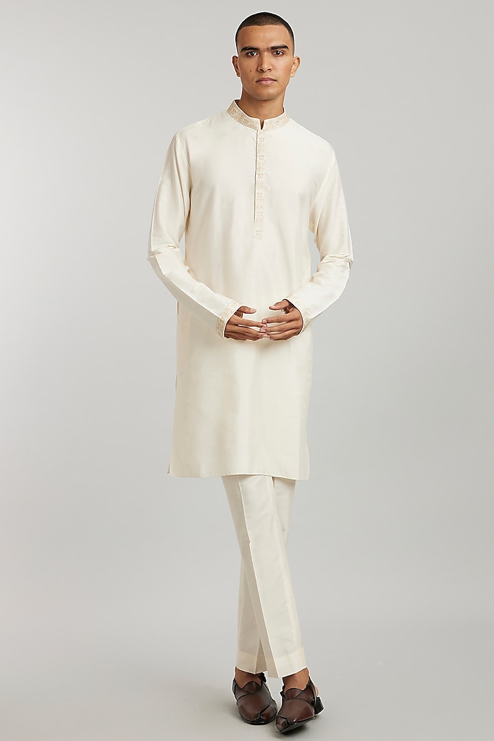 Ivory & Beige Cotton Silk Printed Kurta Set by Bubber Couture